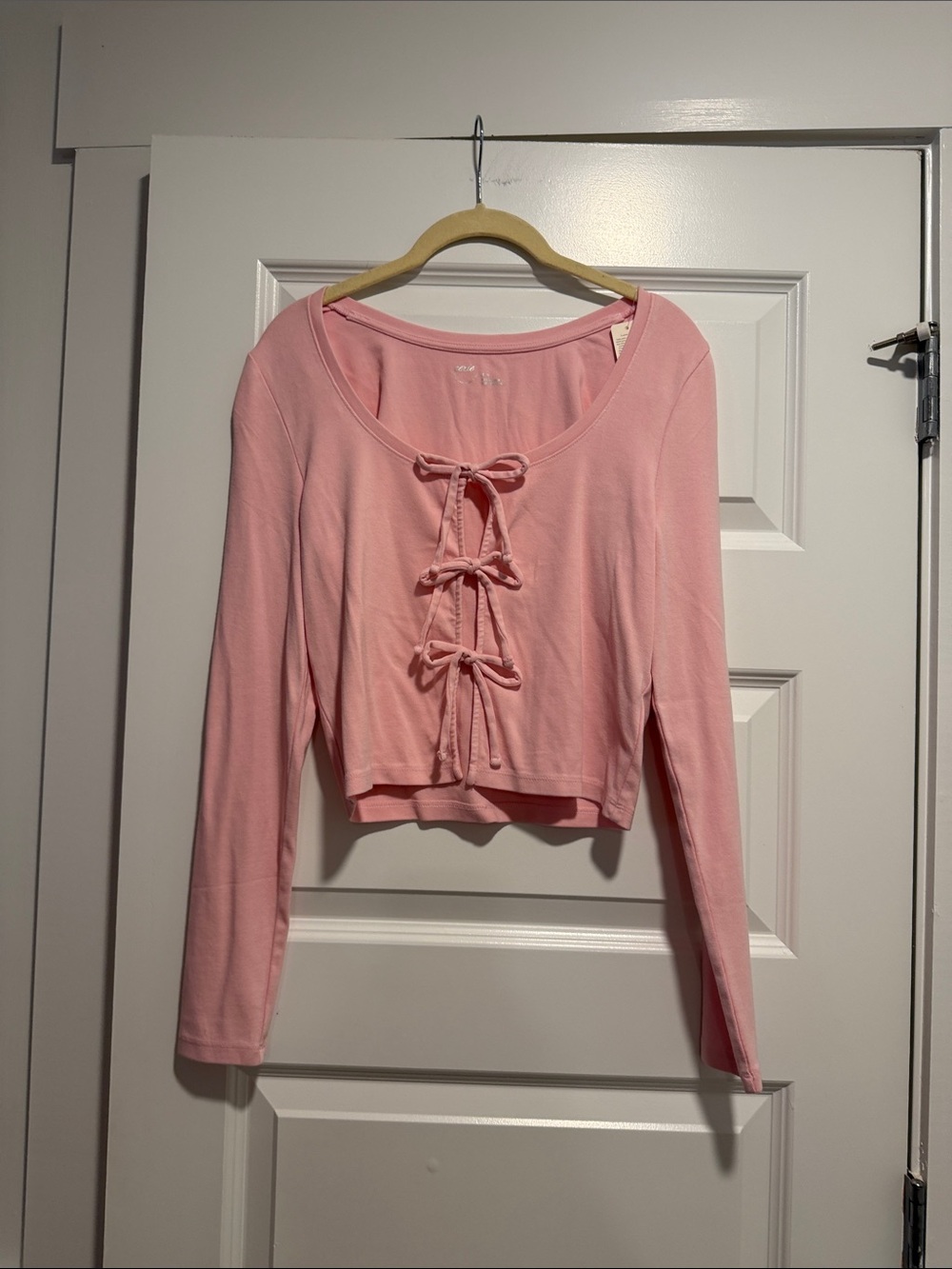 aerie Pink Lace-Up Cropped Long Sleeve Top